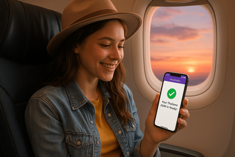 A traveler smiling as she activates her Yoho Mobile eSIM for Thailand on her phone before landing.