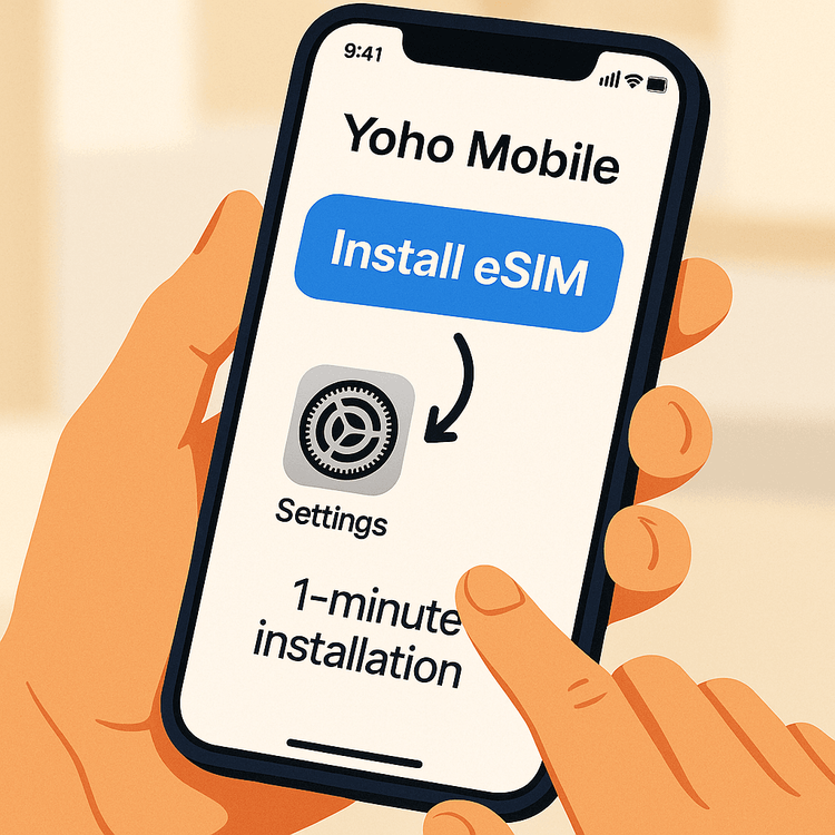 Illustration of the simple one-tap eSIM installation process for iOS users with Yoho Mobile, showing the 'Install eSIM' button on a smartphone screen.