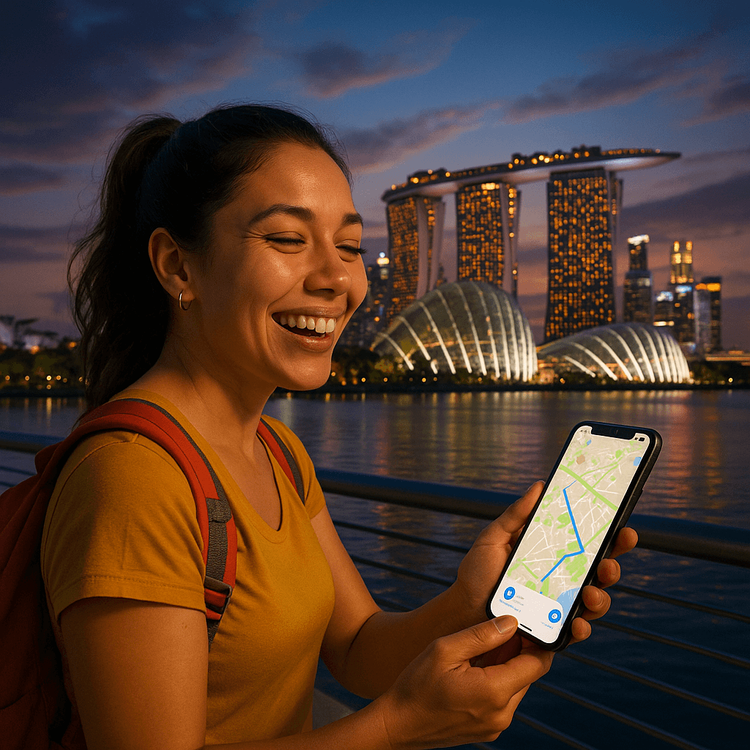 A happy traveler uses her Yoho Mobile eSIM for navigation in front of Marina Bay Sands, Singapore.