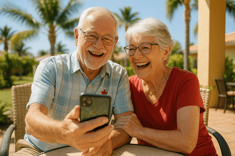A happy Canadian snowbird couple enjoying their winter stay in the US, using their smartphone with a reliable Yoho Mobile eSIM.
