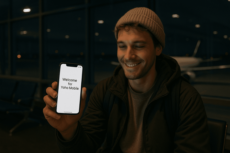 Traveler using a Yoho Mobile eSIM for instant internet after a late night flight arrival in a quiet airport.