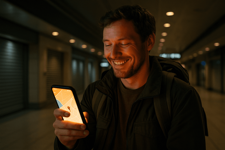 Traveler successfully connected to the internet with an eSIM after a late-night flight arrival in an empty airport.