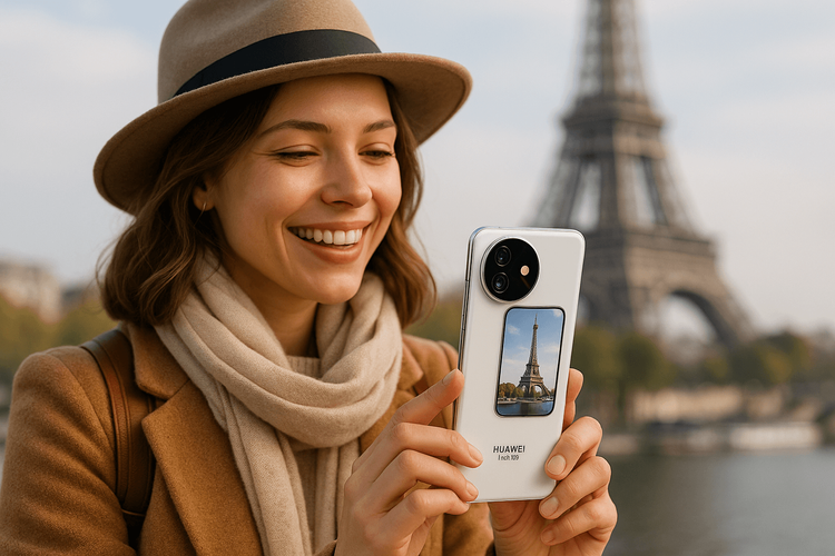 A traveler using their Huawei Pura 70 to take photos in Paris, enjoying a seamless connected travel experience with an eSIM.