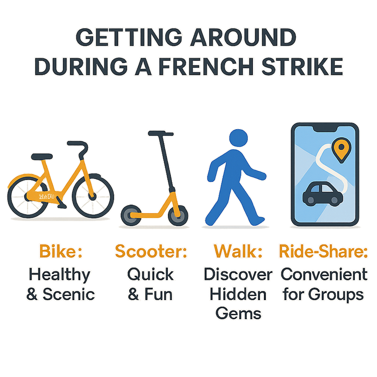 An infographic showing alternative transport options during a French strike, including bikes, scooters, walking, and ride-sharing apps.