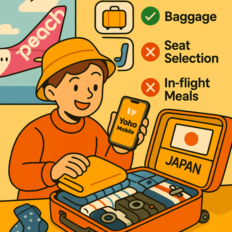 Illustration of a smart traveler packing a light carry-on to save money on Peach Aviation flights.