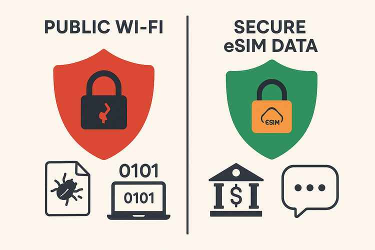 An infographic comparing the security risks of public Wi-Fi versus the safety of a secure eSIM data connection for travelers.