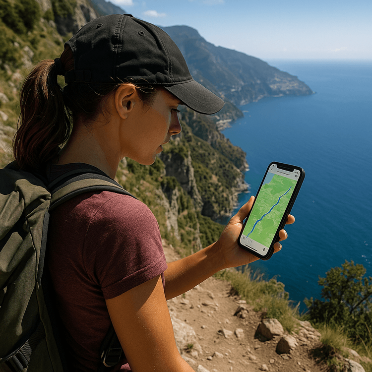 A hiker using her phone with a strong Yoho Mobile eSIM signal for navigation on the Path of the Gods, Amalfi Coast.