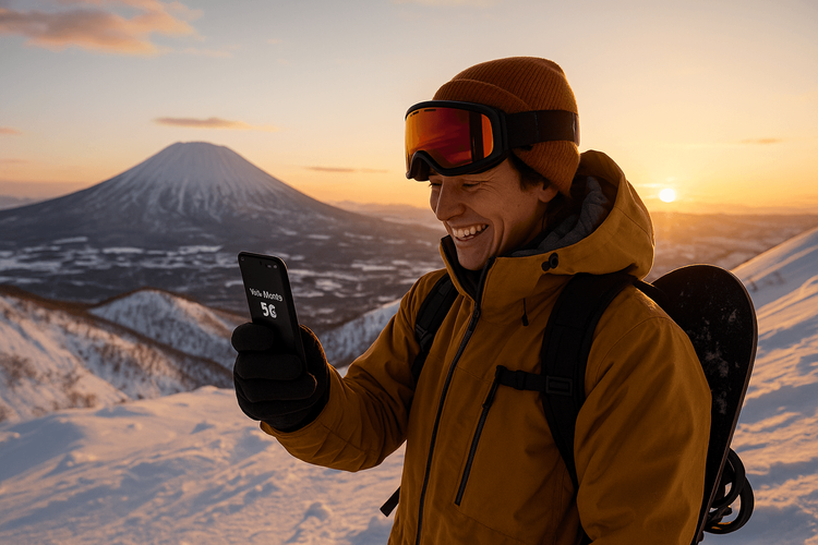 A snowboarder using a Yoho Mobile eSIM for reliable data on a Hokkaido ski slope during a winter trip to Japan.