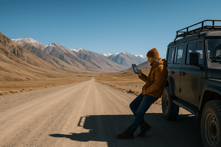 Traveler using a Yoho Mobile eSIM for internet connectivity on the remote Pamir Highway.