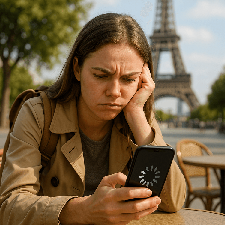 A traveler frustrated by slow internet speeds on her phone while in Paris.