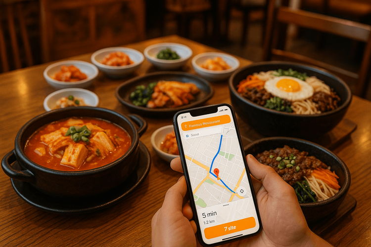 A tech-savvy foodie using a smartphone with a navigation app to find the best Korean food in Seoul.