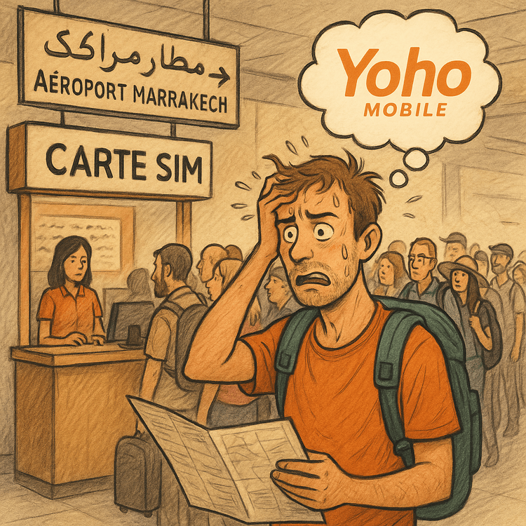 A stressed traveler facing a long queue and confusing signs at a local SIM card kiosk in a Moroccan airport.