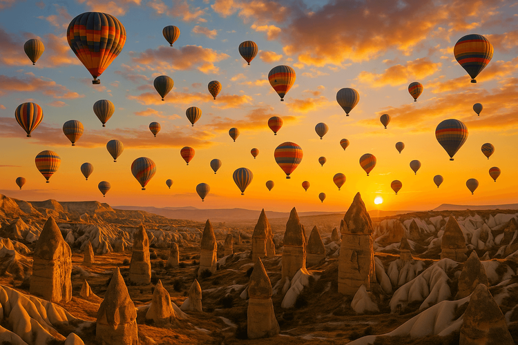 Colorful hot air balloons flying over Cappadocia, Turkey at sunrise.