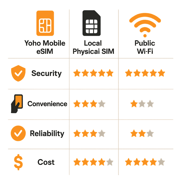 An infographic comparing Yoho Mobile eSIM, Local SIM, and Public Wi-Fi on security, convenience, reliability, and cost for solo travelers.