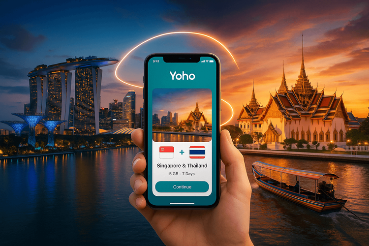 Yoho Mobile eSIM providing seamless connectivity for cross-border travel between Singapore and Thailand.