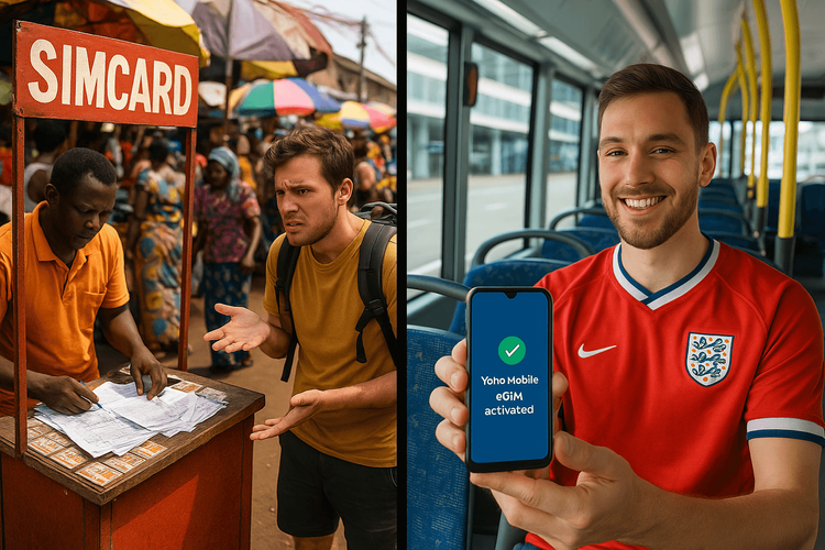 A comparison showing the stressful process of buying a local SIM in Africa versus the easy activation of a Yoho Mobile regional eSIM.