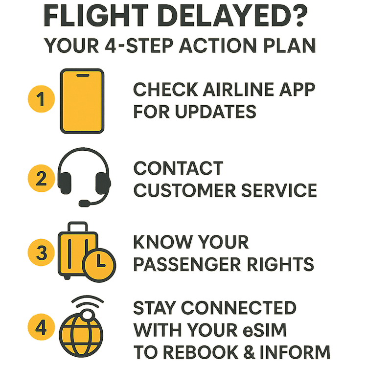 An infographic detailing the four essential steps to take when your flight is delayed.