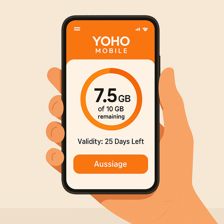 A clear illustration of the Yoho Mobile app dashboard showing remaining data and plan validity.
