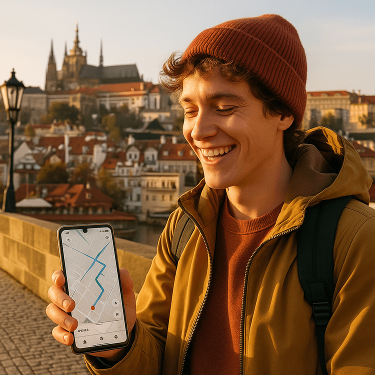 A traveler using a Yoho Mobile eSIM on their phone for navigation while exploring Prague's Charles Bridge.