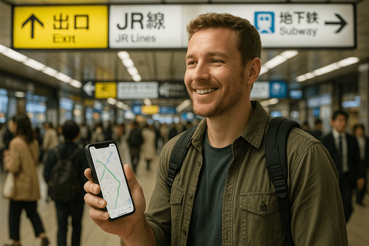 A traveler confidently navigating a busy Japanese train station using their phone, thanks to a reliable backup eSIM internet connection.