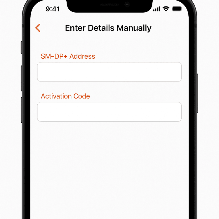 The manual eSIM installation screen on an iPhone, showing the fields for the SM-DP+ Address and Activation Code.