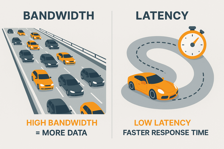 Diagram explaining the difference between internet bandwidth (data capacity) and latency (response time).