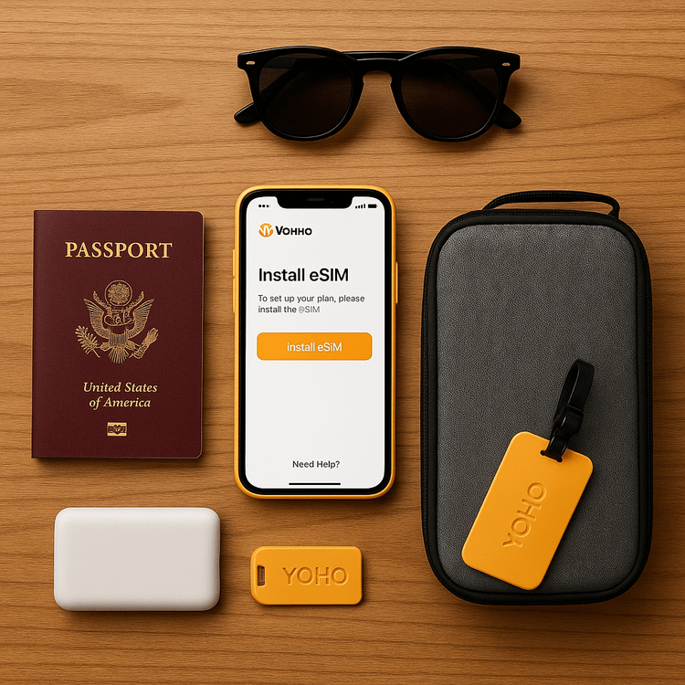 A flat lay of travel essentials including a passport and a phone with the Yoho Mobile app.