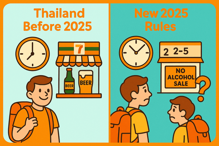 Infographic comparing the old alcohol purchasing rules in Thailand with the new 2025 restrictions for tourists.