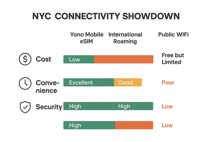 Infographic comparing the cost, convenience, and security of Yoho Mobile eSIM, international roaming, and public Wi-Fi for tourists in NYC.