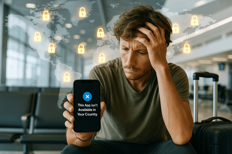 A traveler frustrated by a geoblocking message on their smartphone in an airport.