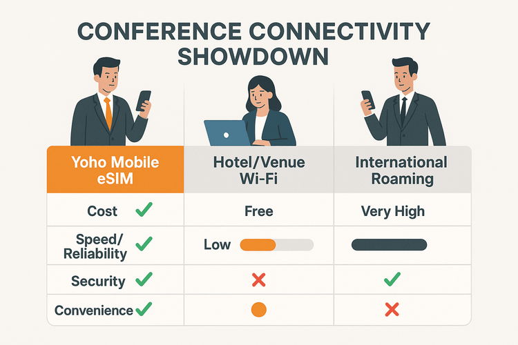 A chart comparing Yoho Mobile eSIM, Hotel Wi-Fi, and International Roaming on cost, reliability, security, and convenience for business travelers.