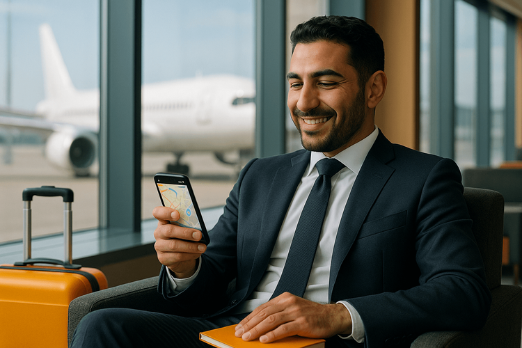 A UAE Golden Visa holder confidently using his smartphone with a global eSIM while waiting in a premium airport lounge.