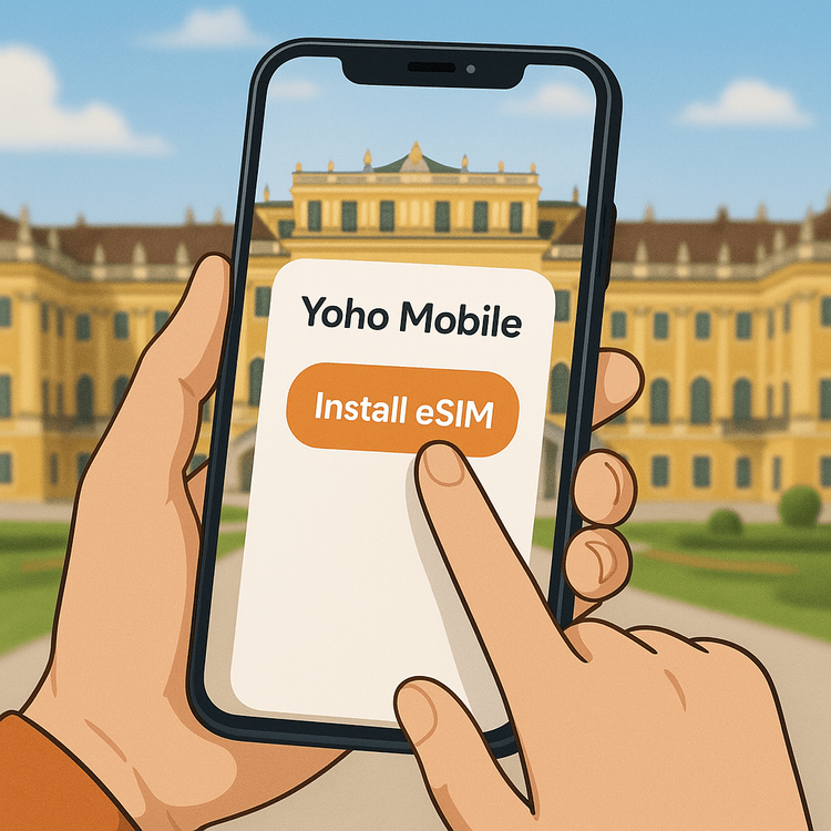 A visual guide showing the one-tap installation process for a Yoho Mobile eSIM on an iPhone for travel in Vienna.