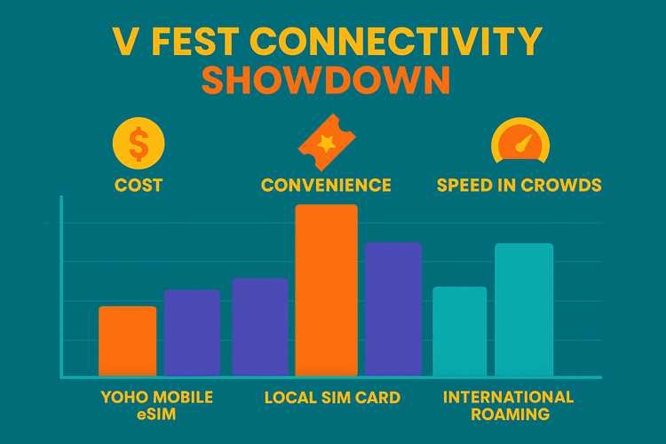 Infographic comparing Yoho Mobile eSIM, local SIM, and roaming for cost, convenience, and speed at V Fest Vietnam.