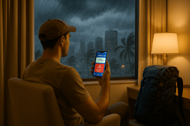A traveler stays safely connected on their phone with a Yoho Mobile eSIM while a typhoon rages outside their hotel window.