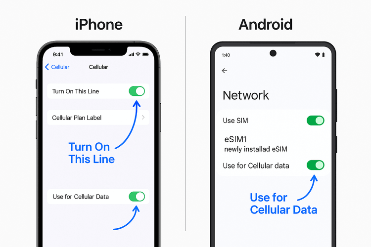 Diagram showing where to enable a new eSIM in both iOS and Android cellular settings.