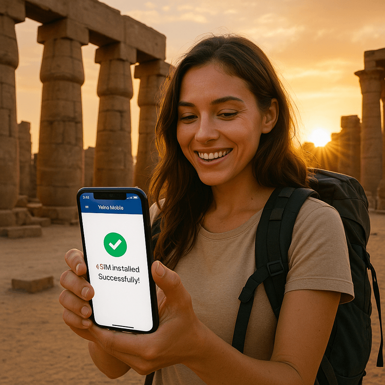 A traveler successfully activating her Yoho Mobile eSIM on her phone while visiting the Karnak Temple in Luxor, Egypt.