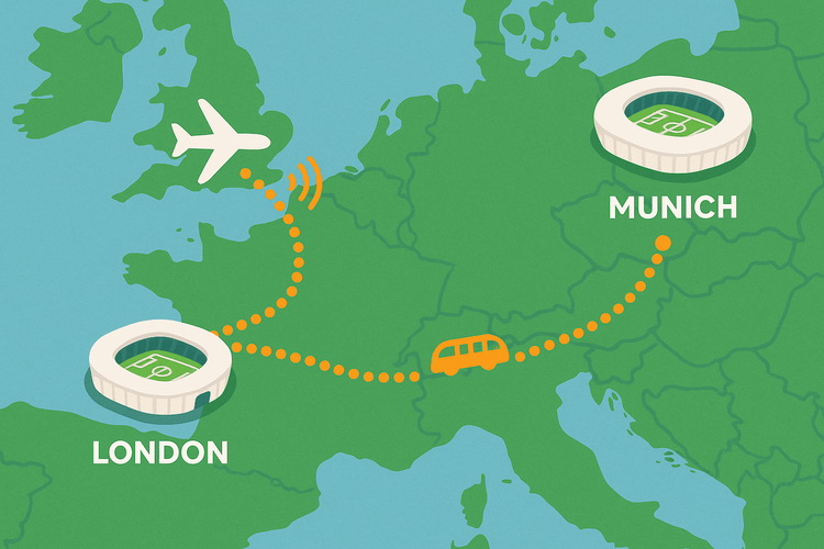An infographic map illustrating a football fan's travel route from London to Munich, highlighting connectivity with Yoho Mobile.