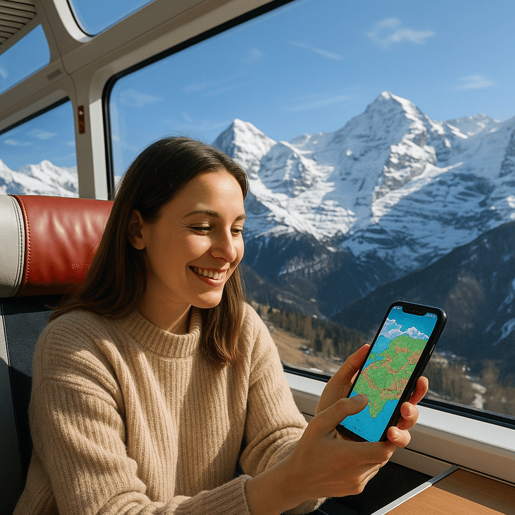 A traveler using a Yoho Mobile eSIM on her phone to navigate while on a scenic train journey through the Swiss Alps.