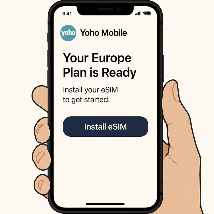 Demonstration of the simple, one-click eSIM installation process on an iPhone with the Yoho Mobile app.
