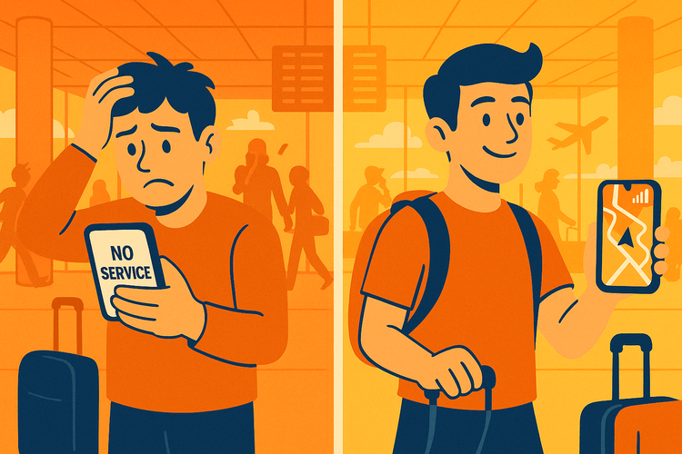 A comparison showing a stressed traveler with no phone service versus a relaxed traveler with instant internet from an eSIM.