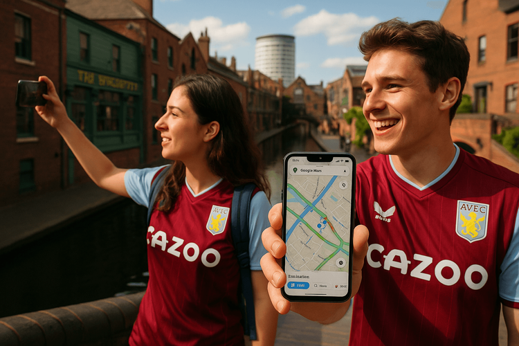 Two football fans using their phones with Yoho Mobile eSIM data to navigate and explore Birmingham's canals.