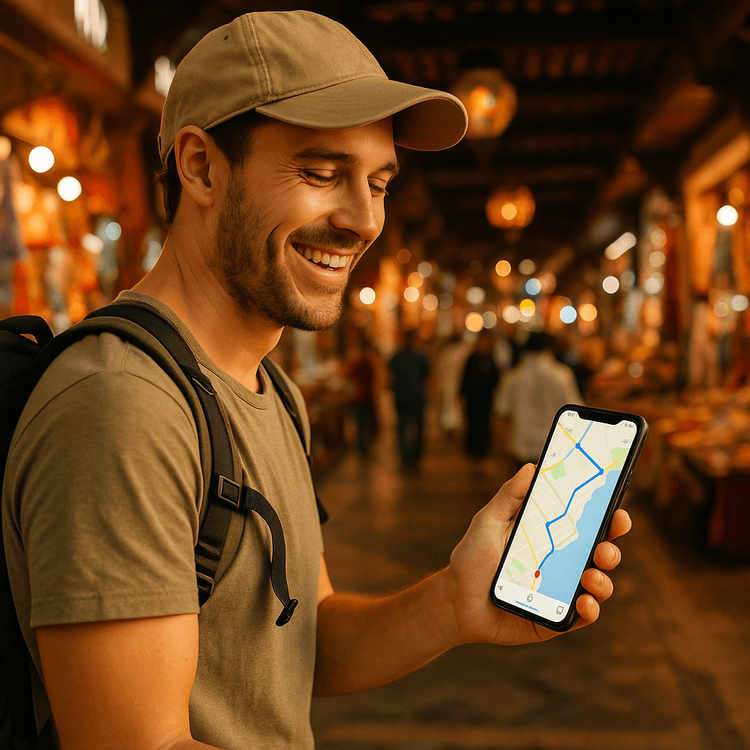 A happy traveler using their phone for navigation in a market in Muscat, Oman, thanks to a reliable Yoho Mobile eSIM connection.