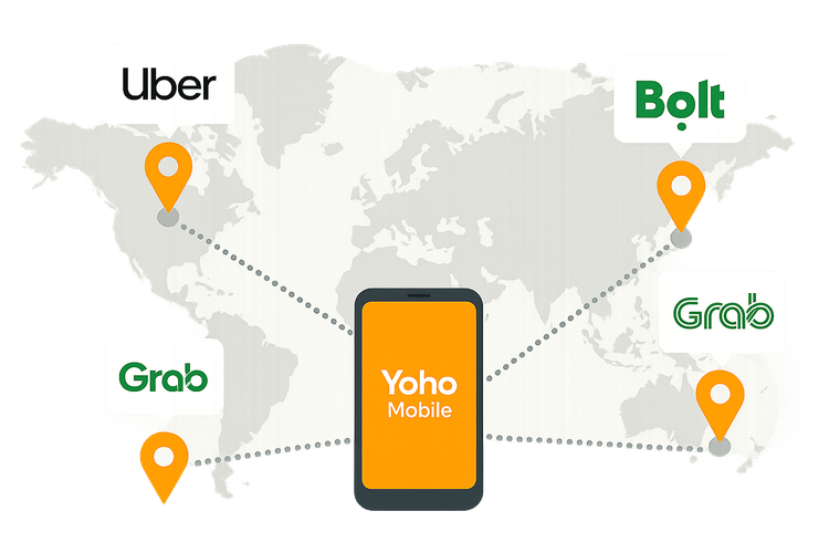 Map showing the primary regions for ridesharing apps Uber, Bolt, and Grab.