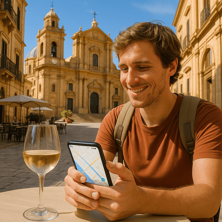 A traveler using a Yoho Mobile eSIM on their phone to navigate the streets of Marsala, Sicily.