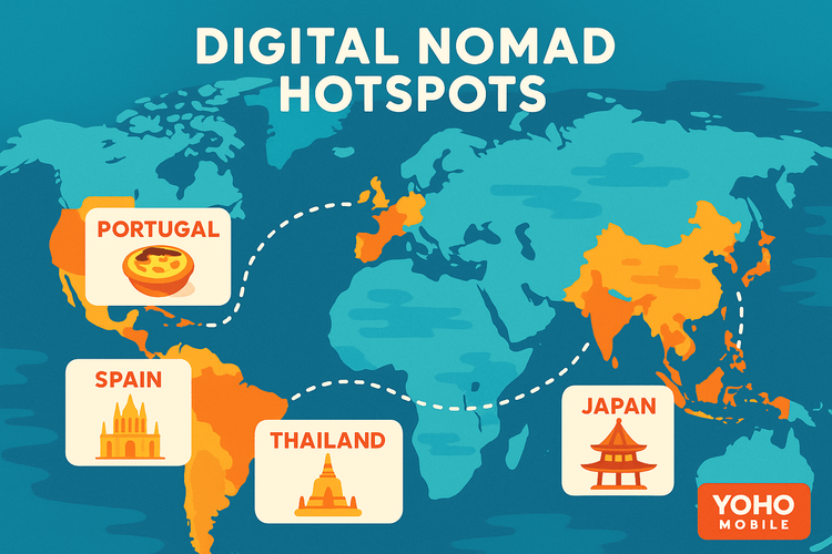 A world map illustrating popular countries with digital nomad visas in 2026, including Portugal, Spain, and Japan.