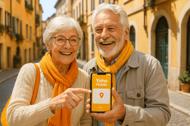 A happy senior couple using a Yoho Mobile eSIM on their smartphone to navigate while traveling in Europe.