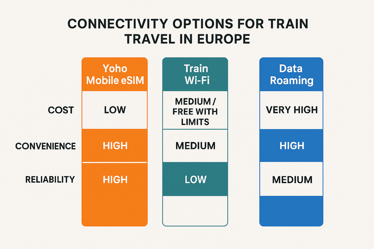 A comparison chart showing that Yoho Mobile eSIM is more cost-effective and reliable for train travel in Europe compared to train Wi-Fi and data roaming.
