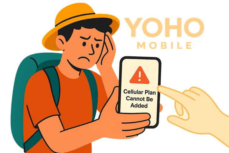 Illustration of a person seeing a 'Cellular Plan Cannot Be Added' error on their phone, with a helpful hand pointing to a solution.