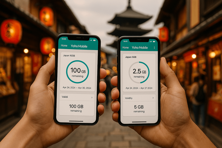 Two people holding phones showing their flexible Yoho Mobile eSIM data plans while traveling in Japan.